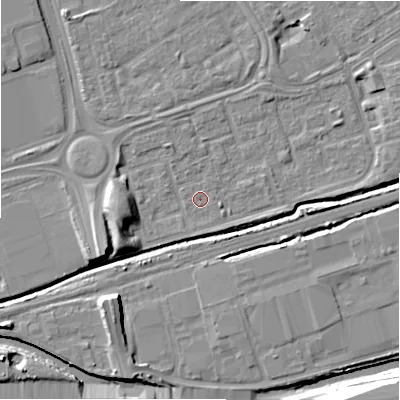 Shaded relief map of the ground around B357DN, computed from Environment Agency LiDAR. The ground here sits at about 81 m above sea level and falls 13 m across the surrounding 800 m. The ground contributing surface water to this point lies to the south.