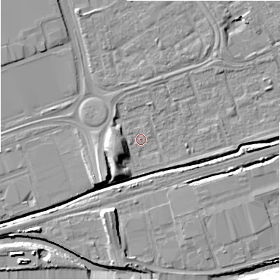 Shaded relief map of the ground around B357DP, computed from Environment Agency LiDAR. The ground here sits at about 82 m above sea level and falls 13 m across the surrounding 800 m. Surface water reaching this point runs off ground lying to the south-west, 6.9 m higher.
