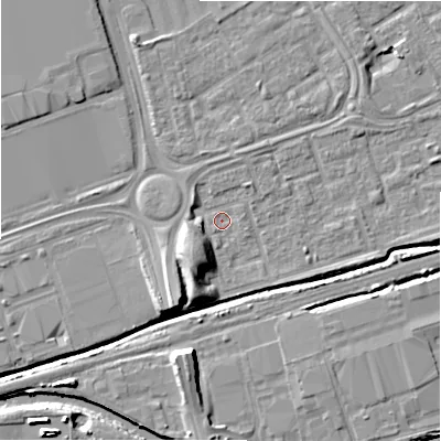 Shaded relief map of the ground around B357DQ, computed from Environment Agency LiDAR. The ground here sits at about 81 m above sea level and falls 10 m across the surrounding 800 m. Surface water reaching this point runs off ground lying to the south-south-west, 6.9 m higher.