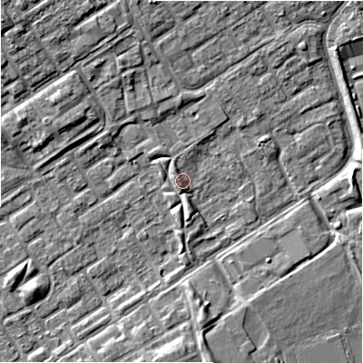 Shaded relief map of the ground around B357DS, computed from Environment Agency LiDAR. The ground here sits at about 83 m above sea level and falls 8 m across the surrounding 800 m. Surface water reaching this point runs off ground lying to the north-north-west, 1.3 m higher.