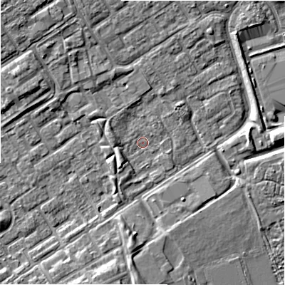 Shaded relief map of the ground around B357DU, computed from Environment Agency LiDAR. The ground here sits at about 82 m above sea level and falls 7 m across the surrounding 800 m. Surface water reaching this point runs off ground lying to the north, 2.3 m higher.