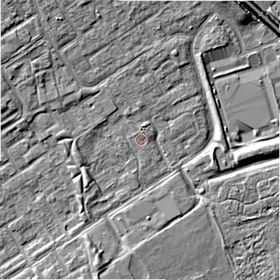 Shaded relief map of the ground around B357DW, computed from Environment Agency LiDAR. The ground here sits at about 82 m above sea level and falls 8 m across the surrounding 800 m. Surface water reaching this point runs off ground lying to the north-north-east, 1.0 m higher.