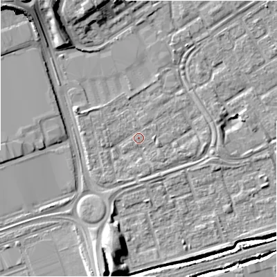 Shaded relief map of the ground around B357DY, computed from Environment Agency LiDAR. The ground here sits at about 82 m above sea level and falls 12 m across the surrounding 800 m. Surface water reaching this point runs off ground lying to the south-south-west, 1.7 m higher.