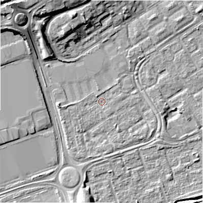 Shaded relief map of the ground around B357EA, computed from Environment Agency LiDAR. The ground here sits at about 82 m above sea level and falls 17 m across the surrounding 800 m. Surface water reaching this point runs off ground lying to the west, 2.0 m higher.