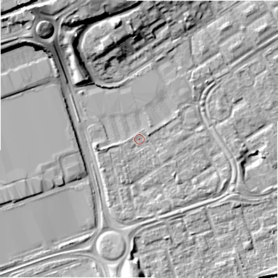 Shaded relief map of the ground around B357EB, computed from Environment Agency LiDAR. The ground here sits at about 82 m above sea level and falls 17 m across the surrounding 800 m. Surface water reaching this point runs off ground lying to the west-south-west, 2.0 m higher.