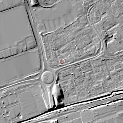 Shaded relief map of the ground around B357EE, computed from Environment Agency LiDAR. The ground here sits at about 82 m above sea level and falls 9 m across the surrounding 800 m. Surface water reaching this point runs off ground lying to the south-south-west, 1.3 m higher.