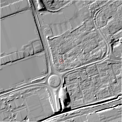 Shaded relief map of the ground around B357EF, computed from Environment Agency LiDAR. The ground here sits at about 82 m above sea level and falls 9 m across the surrounding 800 m. Surface water reaching this point runs off ground lying to the south-south-east, 1.1 m higher.