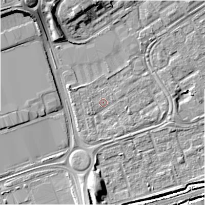 Shaded relief map of the ground around B357EG, computed from Environment Agency LiDAR. The ground here sits at about 82 m above sea level and falls 14 m across the surrounding 800 m. Surface water reaching this point runs off ground lying to the south, 1.7 m higher.