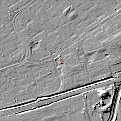 Shaded relief map of the ground around B357EH, computed from Environment Agency LiDAR. The ground here sits at about 82 m above sea level and falls 19 m across the surrounding 800 m. Surface water reaching this point runs off ground lying to the east-south-east, 2.9 m higher.