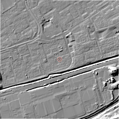 Shaded relief map of the ground around B357EL, computed from Environment Agency LiDAR. The ground here sits at about 81 m above sea level and falls 19 m across the surrounding 800 m. Surface water reaching this point runs off ground lying to the east-north-east, 2.4 m higher.
