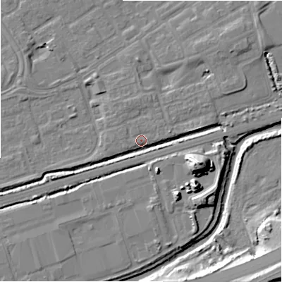 Shaded relief map of the ground around B357EQ, computed from Environment Agency LiDAR. The ground here sits at about 82 m above sea level and falls 19 m across the surrounding 800 m. Surface water reaching this point runs off ground lying to the east-north-east, 4.8 m higher.