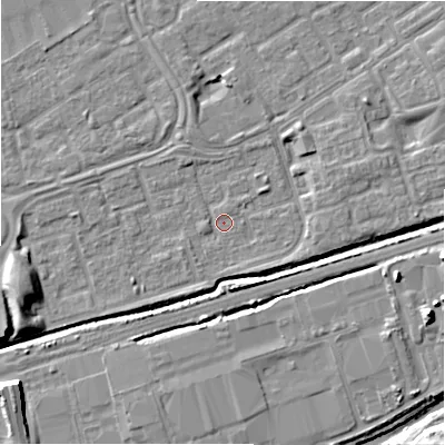Shaded relief map of the ground around B357ER, computed from Environment Agency LiDAR. The ground here sits at about 81 m above sea level and falls 11 m across the surrounding 800 m. Surface water reaching this point runs off ground lying to the west-south-west, 6.9 m higher.