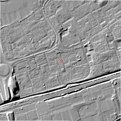 Shaded relief map of the ground around B357ET, computed from Environment Agency LiDAR. The ground here sits at about 81 m above sea level and falls 10 m across the surrounding 800 m. Surface water reaching this point runs off ground lying to the south-west, 7.7 m higher.