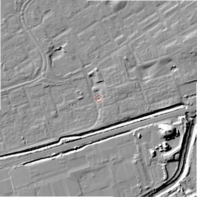 Shaded relief map of the ground around B357EW, computed from Environment Agency LiDAR. The ground here sits at about 80 m above sea level and falls 19 m across the surrounding 800 m. Surface water reaching this point runs off ground lying to the east-north-east, 2.8 m higher.