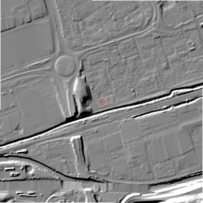 Shaded relief map of the ground around B357EY, computed from Environment Agency LiDAR. The ground here sits at about 81 m above sea level and falls 24 m across the surrounding 800 m. Surface water reaching this point runs off ground lying to the east, 1.0 m higher.