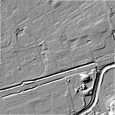Shaded relief map of the ground around B357EZ, computed from Environment Agency LiDAR. The ground here sits at about 82 m above sea level and falls 19 m across the surrounding 800 m. Surface water reaching this point runs off ground lying to the north, 1.4 m higher.