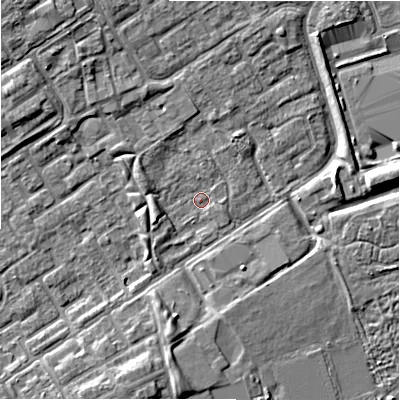 Shaded relief map of the ground around B357FE, computed from Environment Agency LiDAR. The ground here sits at about 82 m above sea level and falls 6 m across the surrounding 800 m. Surface water reaching this point runs off ground lying to the north, 2.3 m higher.