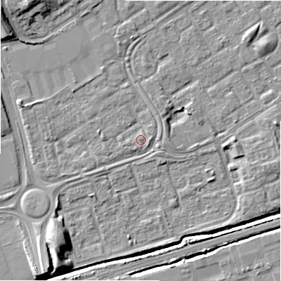 Shaded relief map of the ground around B357FP, computed from Environment Agency LiDAR. The ground here sits at about 82 m above sea level and falls 10 m across the surrounding 800 m. Surface water reaching this point runs off ground lying to the east, 1.1 m higher.