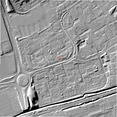 Shaded relief map of the ground around B357FW, computed from Environment Agency LiDAR. The ground here sits at about 82 m above sea level and falls 11 m across the surrounding 800 m. Surface water reaching this point runs off ground lying to the south-west, 1.5 m higher.