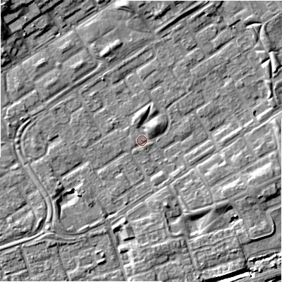 Shaded relief map of the ground around B357GA, computed from Environment Agency LiDAR. The ground here sits at about 81 m above sea level and falls 10 m across the surrounding 800 m. Surface water reaching this point runs off ground lying to the south-west, 1.8 m higher.