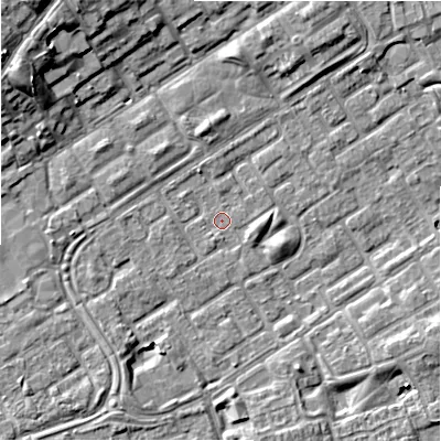 Shaded relief map of the ground around B357HE, computed from Environment Agency LiDAR. The ground here sits at about 81 m above sea level and falls 11 m across the surrounding 800 m. Surface water reaching this point runs off ground lying to the south-south-west, 3.1 m higher.
