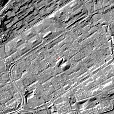 Shaded relief map of the ground around B357HF, computed from Environment Agency LiDAR. The ground here sits at about 81 m above sea level and falls 13 m across the surrounding 800 m. Surface water reaching this point runs off ground lying to the south-west, 3.1 m higher.