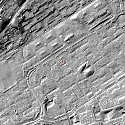 Shaded relief map of the ground around B357HH, computed from Environment Agency LiDAR. The ground here sits at about 81 m above sea level and falls 14 m across the surrounding 800 m. Surface water reaching this point runs off ground lying to the south-west, 1.0 m higher.