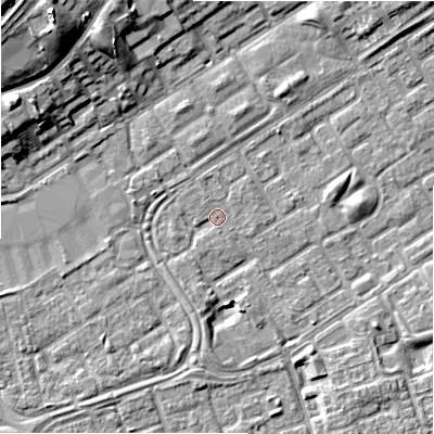 Shaded relief map of the ground around B357HL, computed from Environment Agency LiDAR. The ground here sits at about 81 m above sea level and falls 15 m across the surrounding 800 m. Surface water reaching this point runs off ground lying to the south-west, 2.2 m higher.