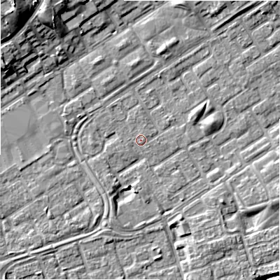 Shaded relief map of the ground around B357HN, computed from Environment Agency LiDAR. The ground here sits at about 81 m above sea level and falls 15 m across the surrounding 800 m. The ground contributing surface water to this point lies to the north-east.