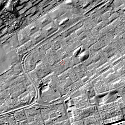Shaded relief map of the ground around B357HP, computed from Environment Agency LiDAR. The ground here sits at about 81 m above sea level and falls 12 m across the surrounding 800 m. Surface water reaching this point runs off ground lying to the south-west, 3.1 m higher.