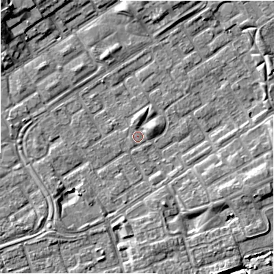 Shaded relief map of the ground around B357HQ, computed from Environment Agency LiDAR. The ground here sits at about 81 m above sea level and falls 10 m across the surrounding 800 m. Surface water reaching this point runs off ground lying to the south-west, 1.8 m higher.
