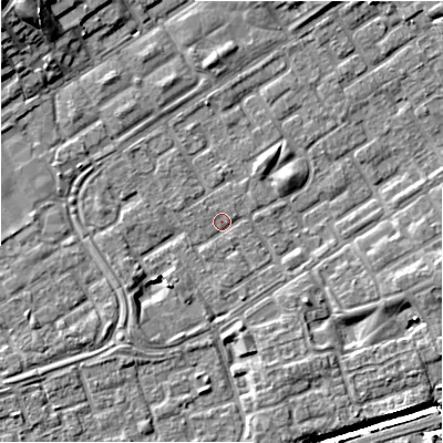 Shaded relief map of the ground around B357HR, computed from Environment Agency LiDAR. The ground here sits at about 81 m above sea level and falls 11 m across the surrounding 800 m. Surface water reaching this point runs off ground lying to the south-west, 3.1 m higher.