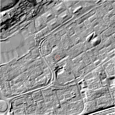 Shaded relief map of the ground around B357HT, computed from Environment Agency LiDAR. The ground here sits at about 81 m above sea level and falls 13 m across the surrounding 800 m. Surface water reaching this point runs off ground lying to the south, 3.1 m higher.