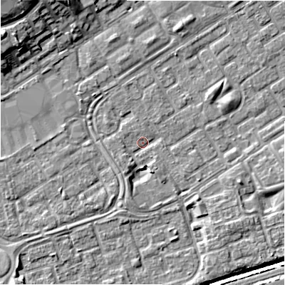 Shaded relief map of the ground around B357HW, computed from Environment Agency LiDAR. The ground here sits at about 81 m above sea level and falls 13 m across the surrounding 800 m. Surface water reaching this point runs off ground lying to the south-south-west, 3.1 m higher.
