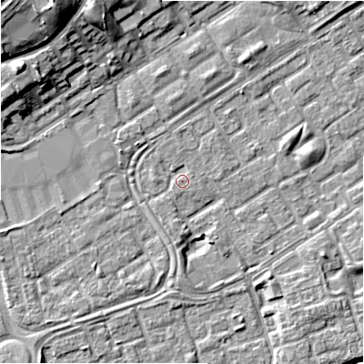 Shaded relief map of the ground around B357HX, computed from Environment Agency LiDAR. The ground here sits at about 81 m above sea level and falls 14 m across the surrounding 800 m. Surface water reaching this point runs off ground lying to the west-south-west, 2.4 m higher.