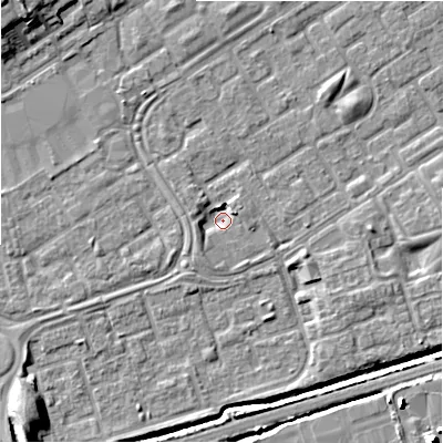 Shaded relief map of the ground around B357HY, computed from Environment Agency LiDAR. The ground here sits at about 80 m above sea level and falls 11 m across the surrounding 800 m. Surface water reaching this point runs off ground lying to the west-south-west, 3.1 m higher.