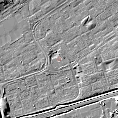 Shaded relief map of the ground around B357JA, computed from Environment Agency LiDAR. The ground here sits at about 81 m above sea level and falls 11 m across the surrounding 800 m. Surface water reaching this point runs off ground lying to the south-west, 1.7 m higher.