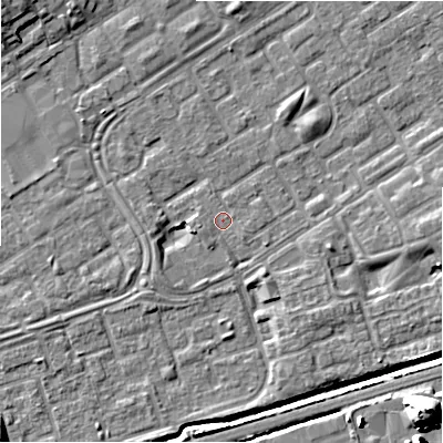 Shaded relief map of the ground around B357JB, computed from Environment Agency LiDAR. The ground here sits at about 81 m above sea level and falls 18 m across the surrounding 800 m. Surface water reaching this point runs off ground lying to the west-south-west, 1.5 m higher.