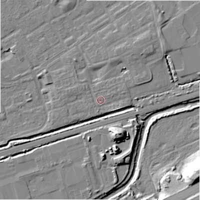 Shaded relief map of the ground around B357JF, computed from Environment Agency LiDAR. The ground here sits at about 82 m above sea level and falls 25 m across the surrounding 800 m. Surface water reaching this point runs off ground lying to the east-south-east, 2.0 m higher.