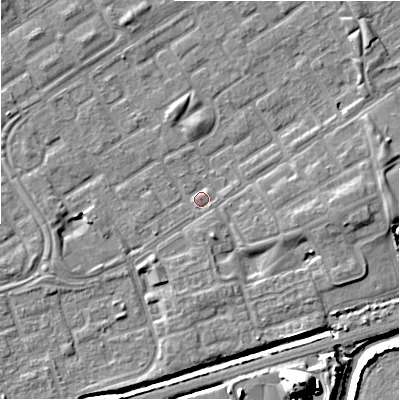 Shaded relief map of the ground around B357JG, computed from Environment Agency LiDAR. The ground here sits at about 81 m above sea level and falls 19 m across the surrounding 800 m. Surface water reaching this point runs off ground lying to the east-north-east, 4.4 m higher.