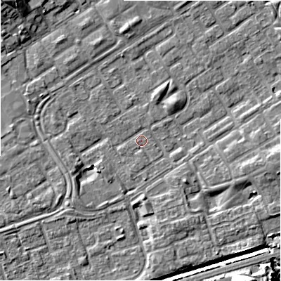 Shaded relief map of the ground around B357JH, computed from Environment Agency LiDAR. The ground here sits at about 81 m above sea level and falls 14 m across the surrounding 800 m. Surface water reaching this point runs off ground lying to the south, 1.2 m higher.