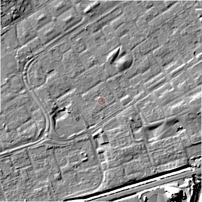 Shaded relief map of the ground around B357JJ, computed from Environment Agency LiDAR. The ground here sits at about 81 m above sea level and falls 19 m across the surrounding 800 m. Surface water reaching this point runs off ground lying to the south-west, 1.2 m higher.