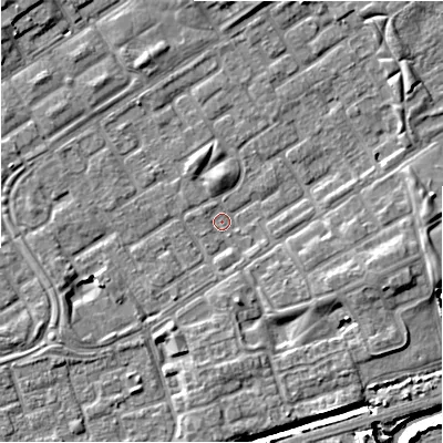 Shaded relief map of the ground around B357JL, computed from Environment Agency LiDAR. The ground here sits at about 81 m above sea level and falls 7 m across the surrounding 800 m. Surface water reaching this point runs off ground lying to the west-south-west, 1.7 m higher.