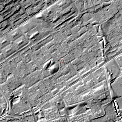 Shaded relief map of the ground around B357JP, computed from Environment Agency LiDAR. The ground here sits at about 81 m above sea level and falls 10 m across the surrounding 800 m. Surface water reaching this point runs off ground lying to the west-south-west, 2.2 m higher.