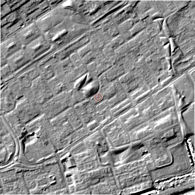 Shaded relief map of the ground around B357JR, computed from Environment Agency LiDAR. The ground here sits at about 81 m above sea level and falls 8 m across the surrounding 800 m. Surface water reaching this point runs off ground lying to the north-west, 1.9 m higher.