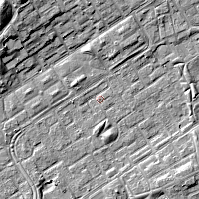 Shaded relief map of the ground around B357JS, computed from Environment Agency LiDAR. The ground here sits at about 81 m above sea level and falls 13 m across the surrounding 800 m. Surface water reaching this point runs off ground lying to the north-west, 12.5 m higher.