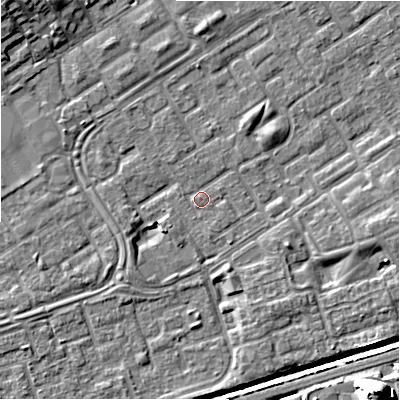 Shaded relief map of the ground around B357JT, computed from Environment Agency LiDAR. The ground here sits at about 81 m above sea level and falls 18 m across the surrounding 800 m. Surface water reaching this point runs off ground lying to the east, 3.6 m higher.