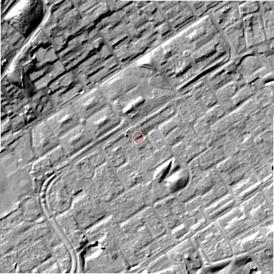 Shaded relief map of the ground around B357JW, computed from Environment Agency LiDAR. The ground here sits at about 81 m above sea level and falls 14 m across the surrounding 800 m. Surface water reaching this point runs off ground lying to the north-west, 12.9 m higher.