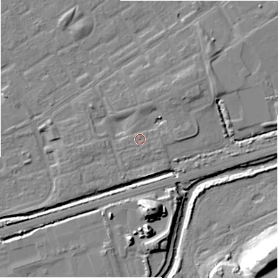 Shaded relief map of the ground around B357JX, computed from Environment Agency LiDAR. The ground here sits at about 82 m above sea level and falls 26 m across the surrounding 800 m. Surface water reaching this point runs off ground lying to the north-east, 3.4 m higher.