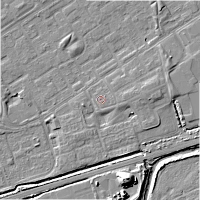 Shaded relief map of the ground around B357JZ, computed from Environment Agency LiDAR. The ground here sits at about 82 m above sea level and falls 19 m across the surrounding 800 m. Surface water reaching this point runs off ground lying to the east, 2.1 m higher.